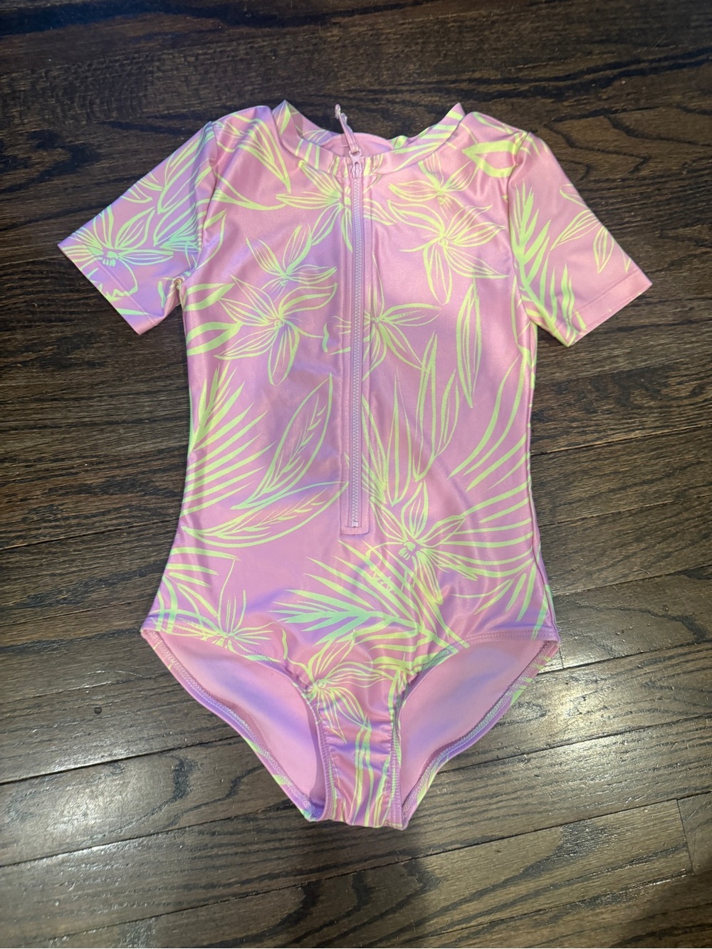 GAP Pink Short-Sleeve One-Piece Swimsuit with Tropical Print and Front Zip